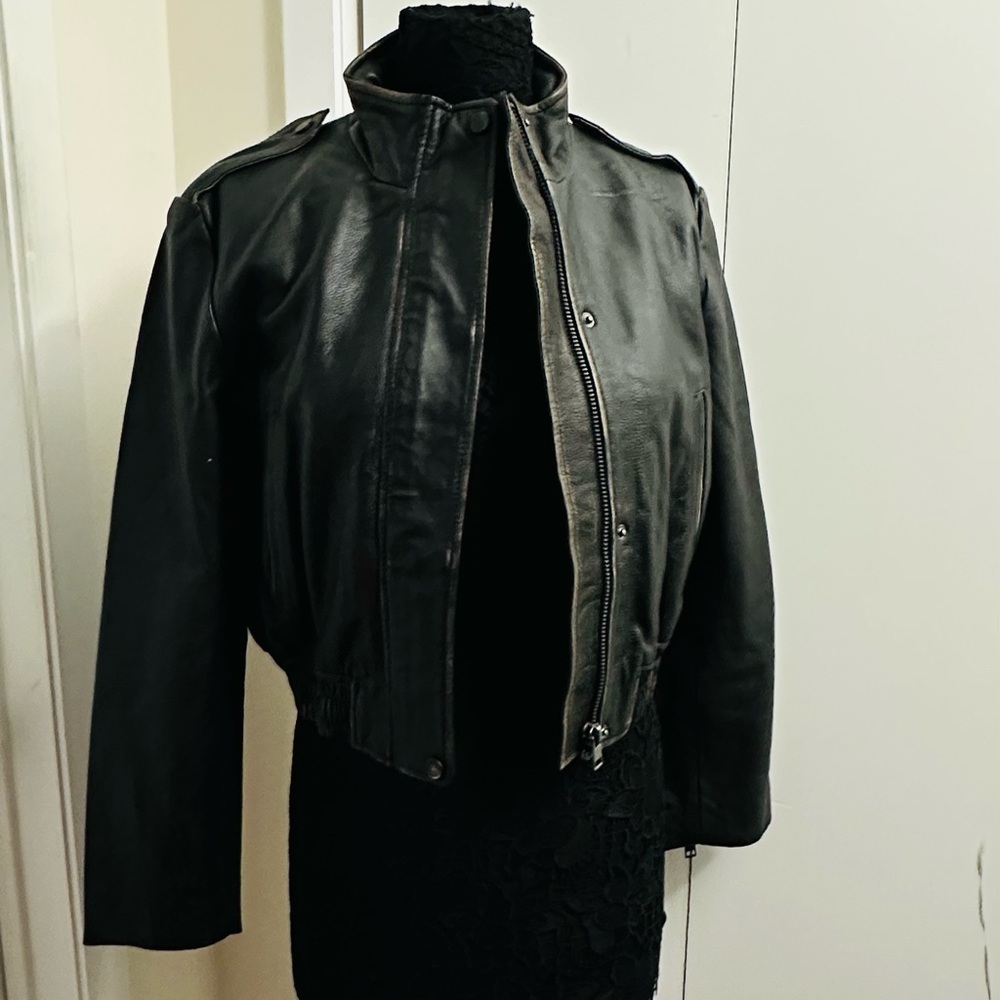 ZARA Black Leather Distressed Biker Jacket - Picture 2 of 16